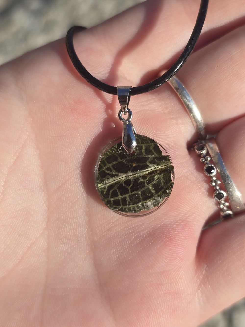 Leather Cord Necklace with Green Pressed Leaf Pendent